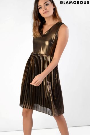 Glamorous High Shine Metallic Pleated Dress